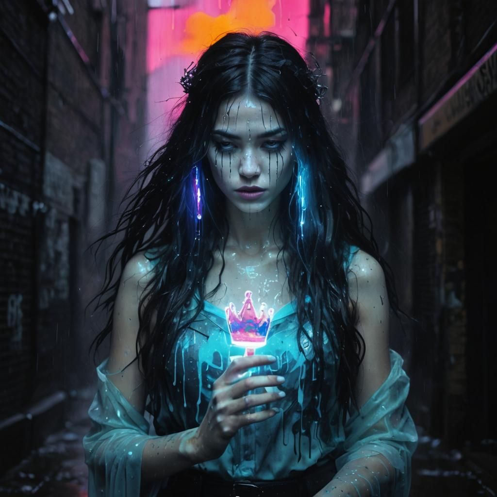 Neon Goddess Emerges in Gritty Urban Alleyway