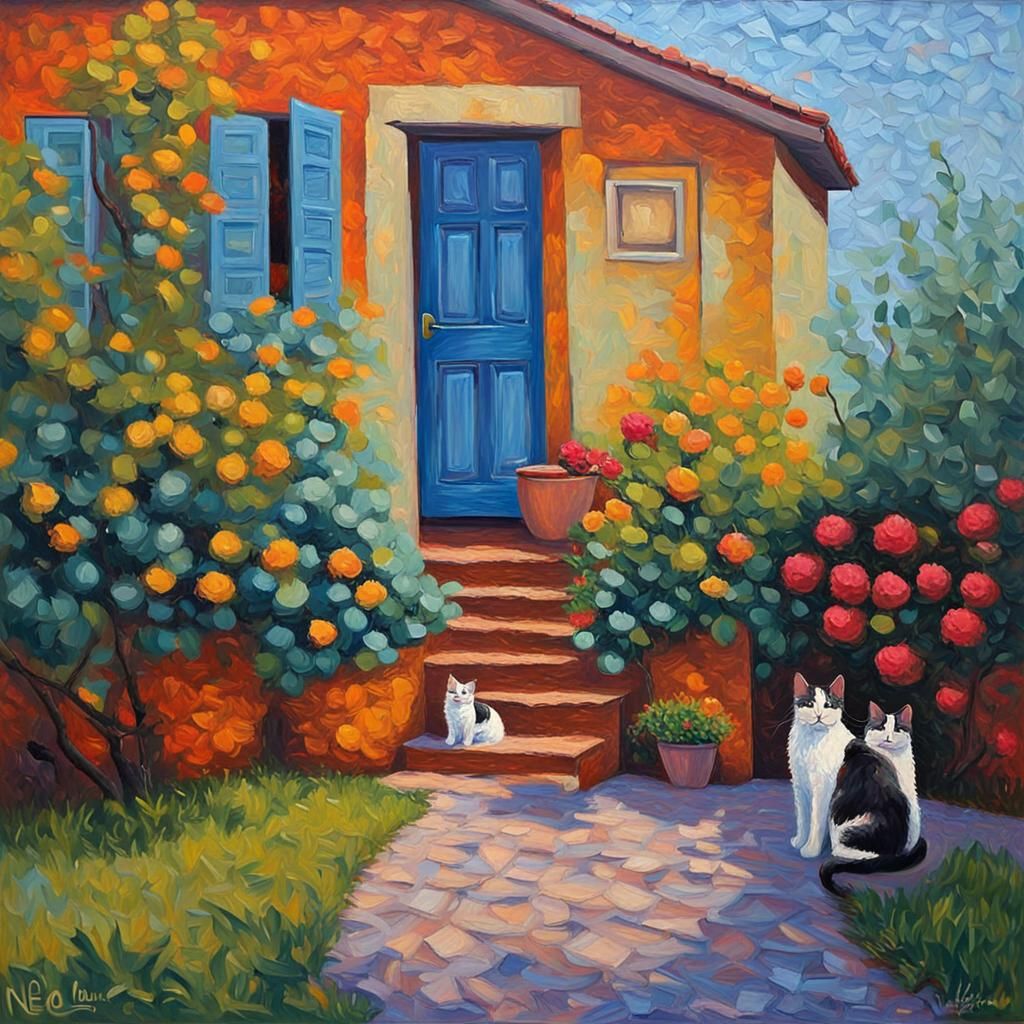 Colorful Cats in Yard, Expressionist Oil Painting