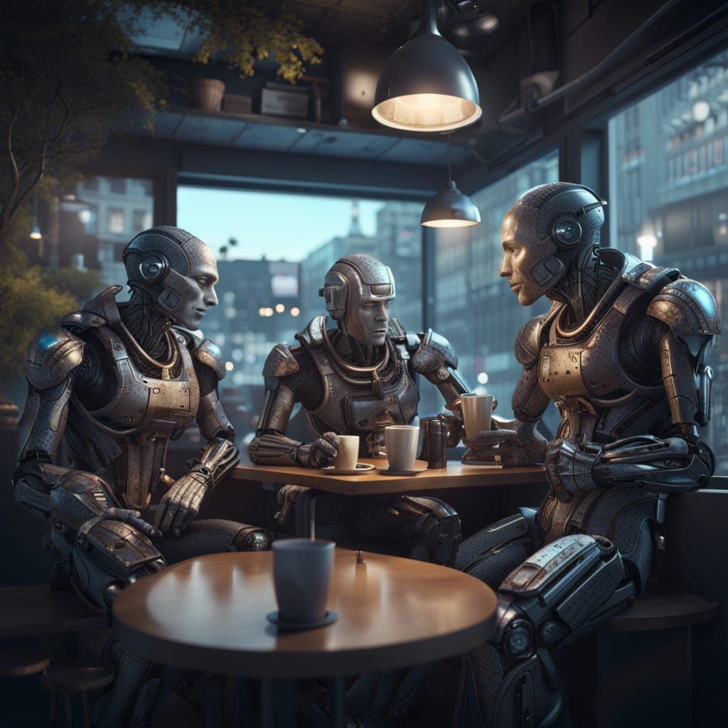 Cyborgs Drinking Coffee in Space Cafe: Hyperrealistic Sci-Fi