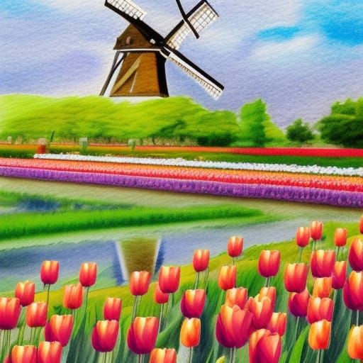 Dutch Windmill and Tulips in Watercolor