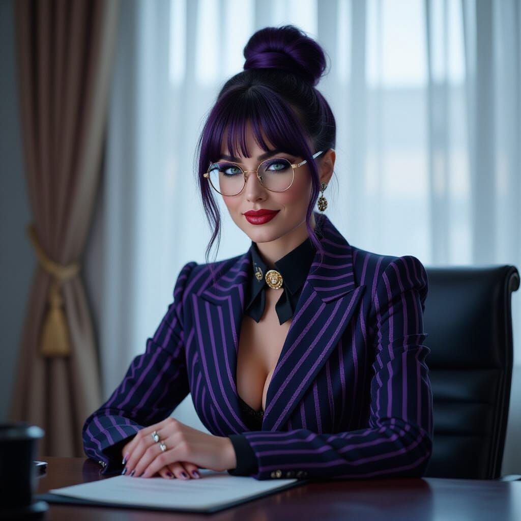 Gothic Woman Smiling at Desk in Cinematic Lighting