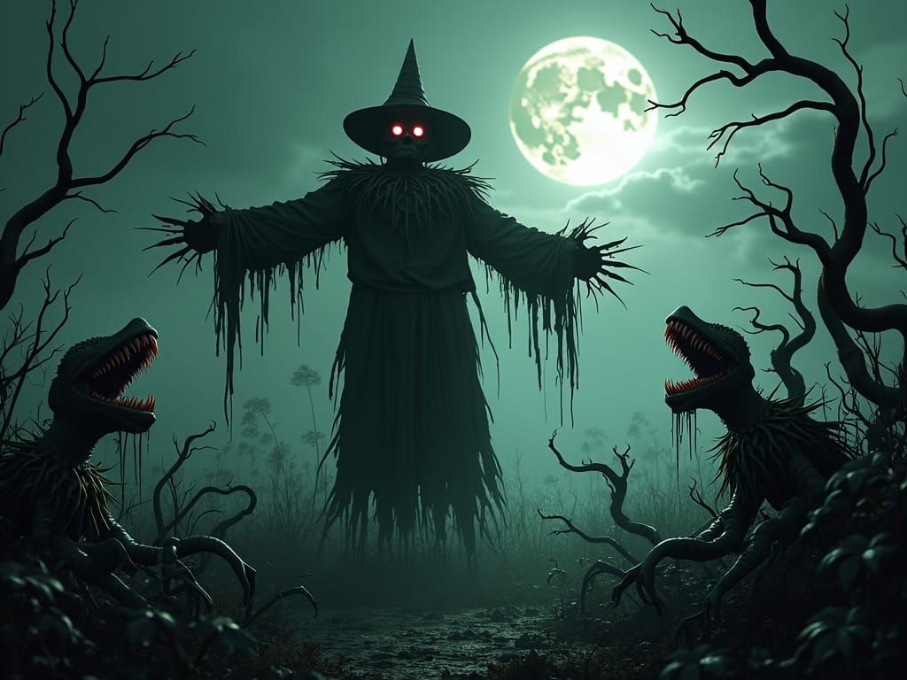 Sinister Scarecrow Guarding a Carnivorous Garden