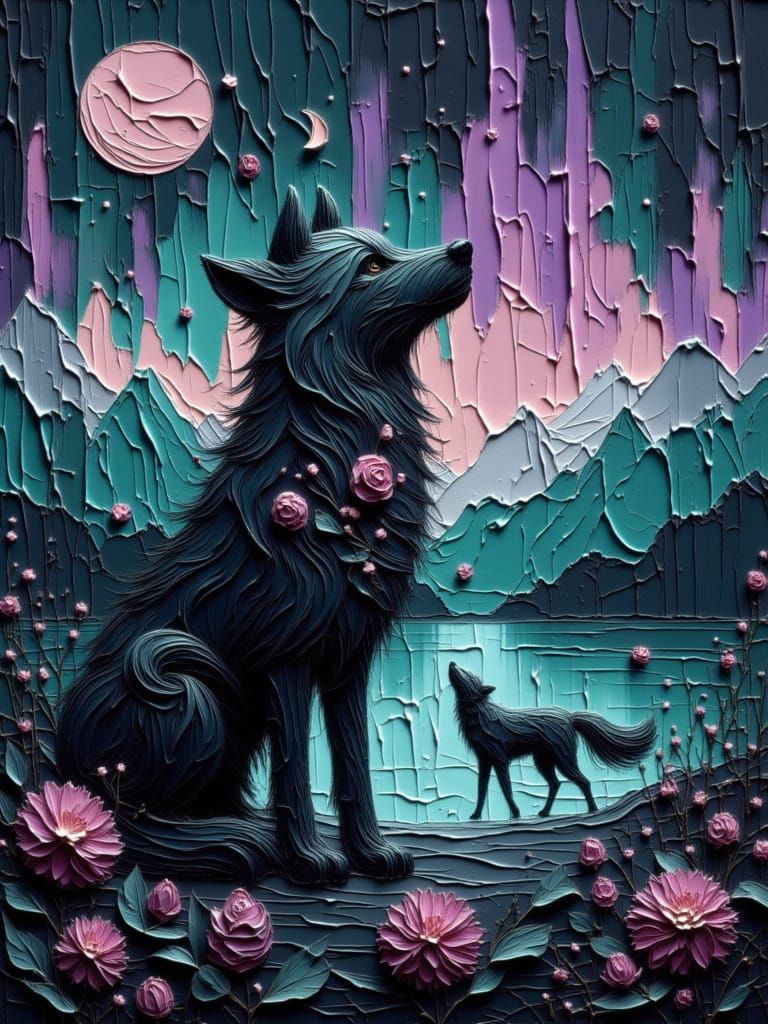 Surreal Wolf Double Exposure with Galaxy Landscape