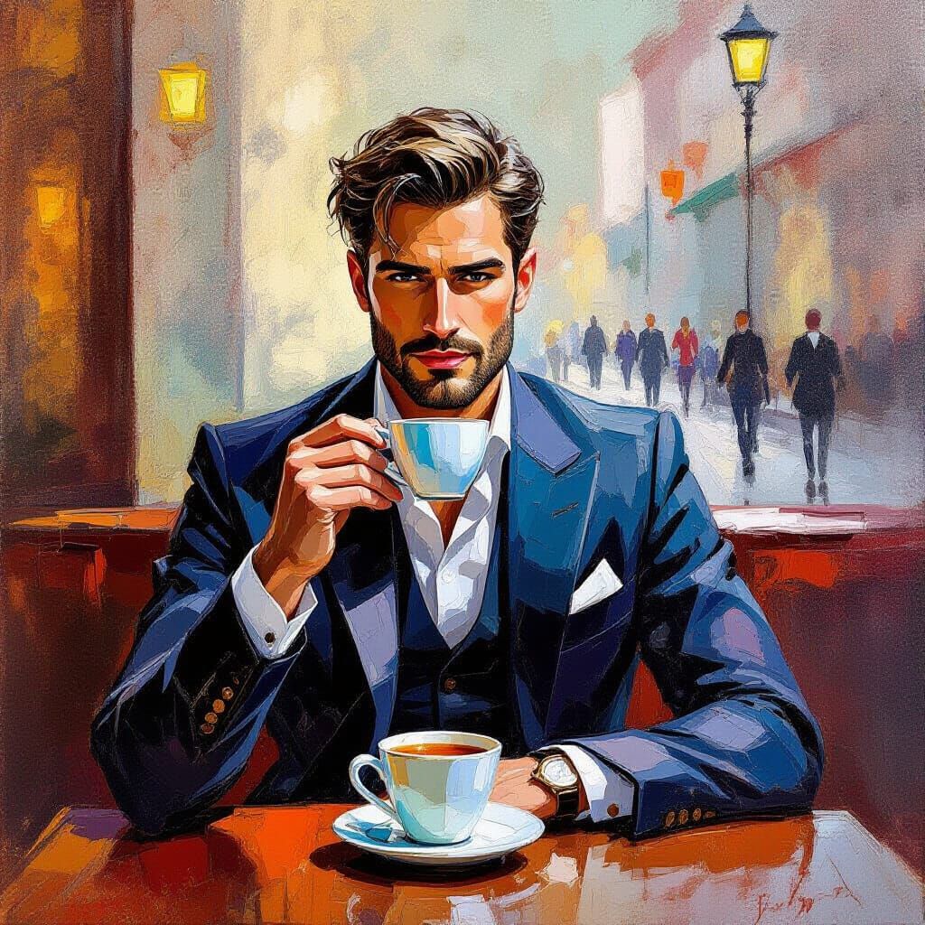 Gentleman Sipping Tea in Coffee Shop, Neo-Impressionist Styl...