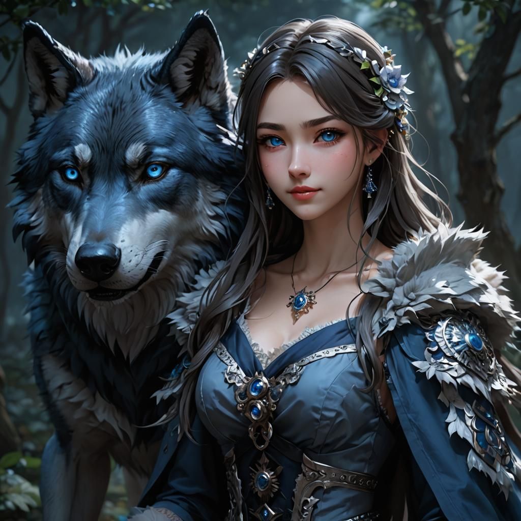Anime Style Girl and Wolf in Dark Fantasy