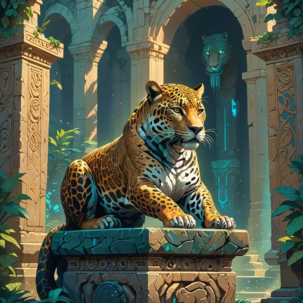 Pixel Art Jaguar on Ancient Pedestal