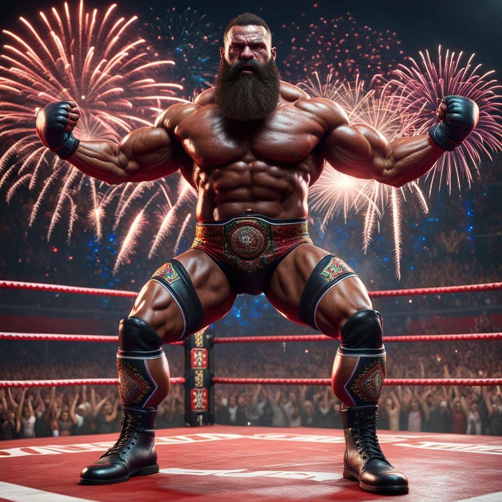 Hyperrealistic Wrestler in Ring with Fireworks, Comic Book A...