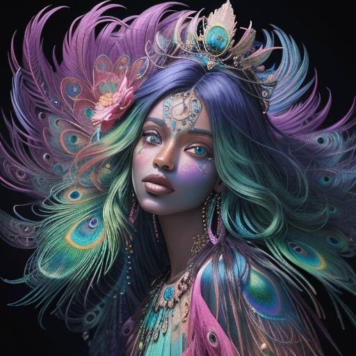 Woman with Peacock Feathers in Astral Illustration