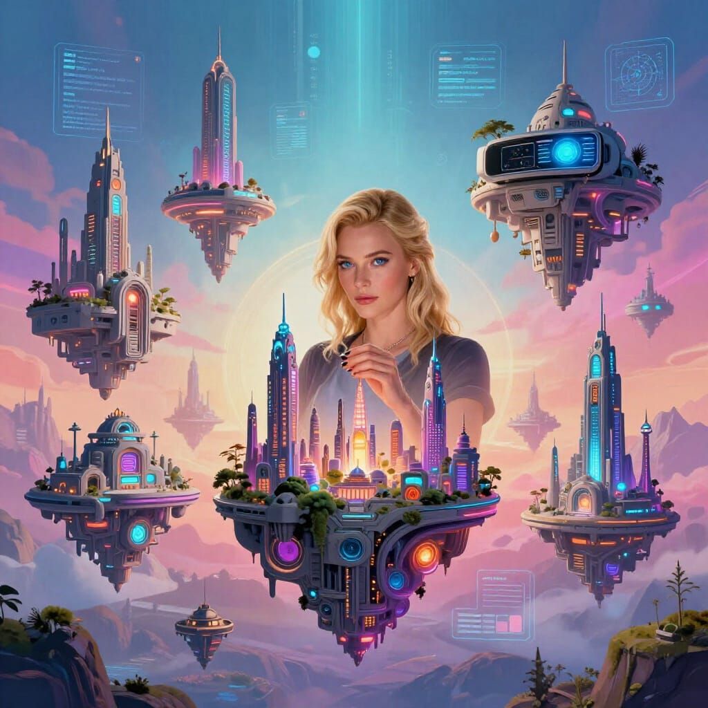 Woman Building Floating Cities in Virtual Reality Digital Ar...