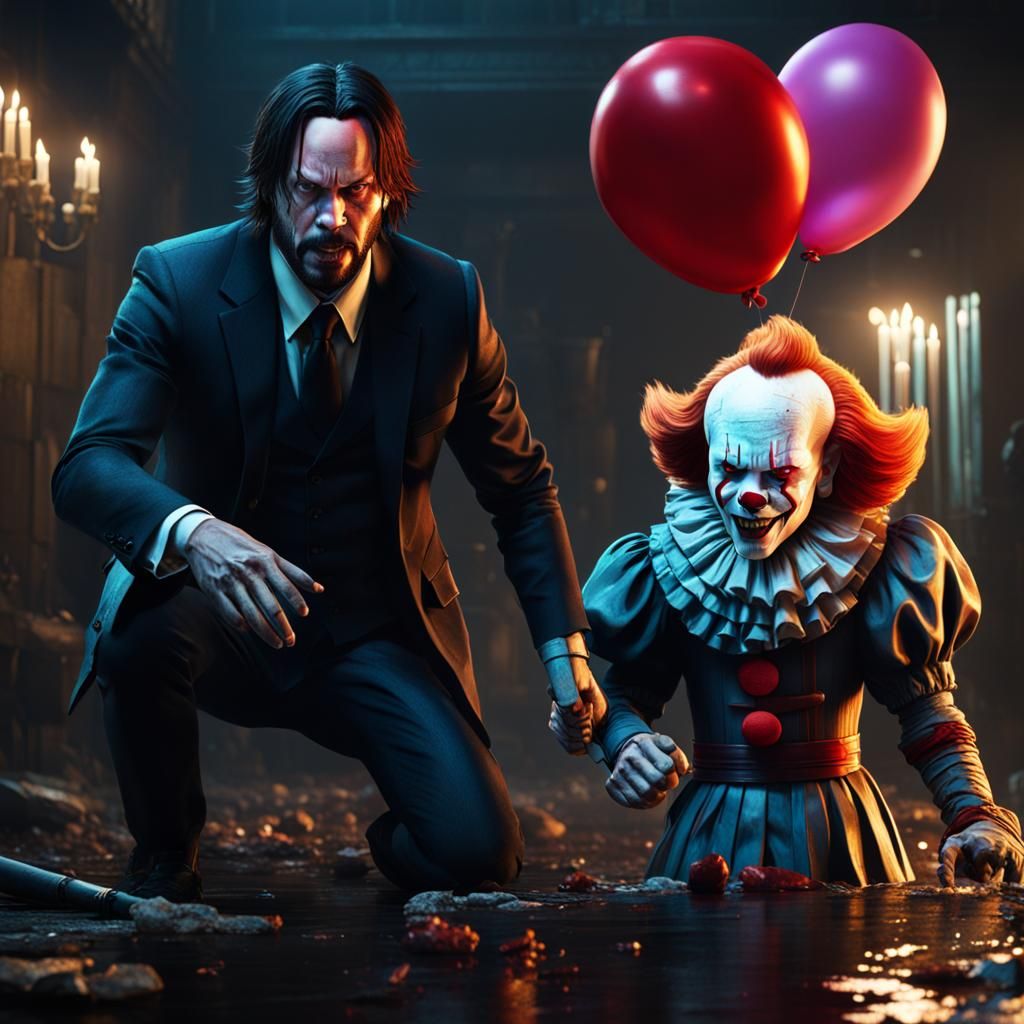 Epic Battle: John Wick vs Pennywise in Detailed Painting