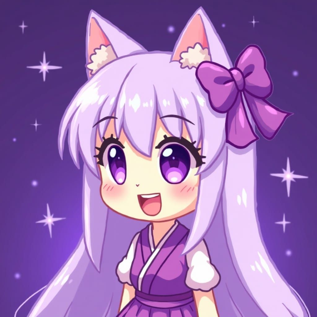 8-bit Anime Catgirl Portrait with Purple Eyes