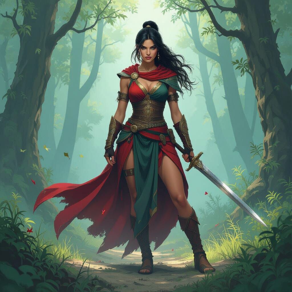 Warrior Woman in Mystical Forest, Frazetta Style