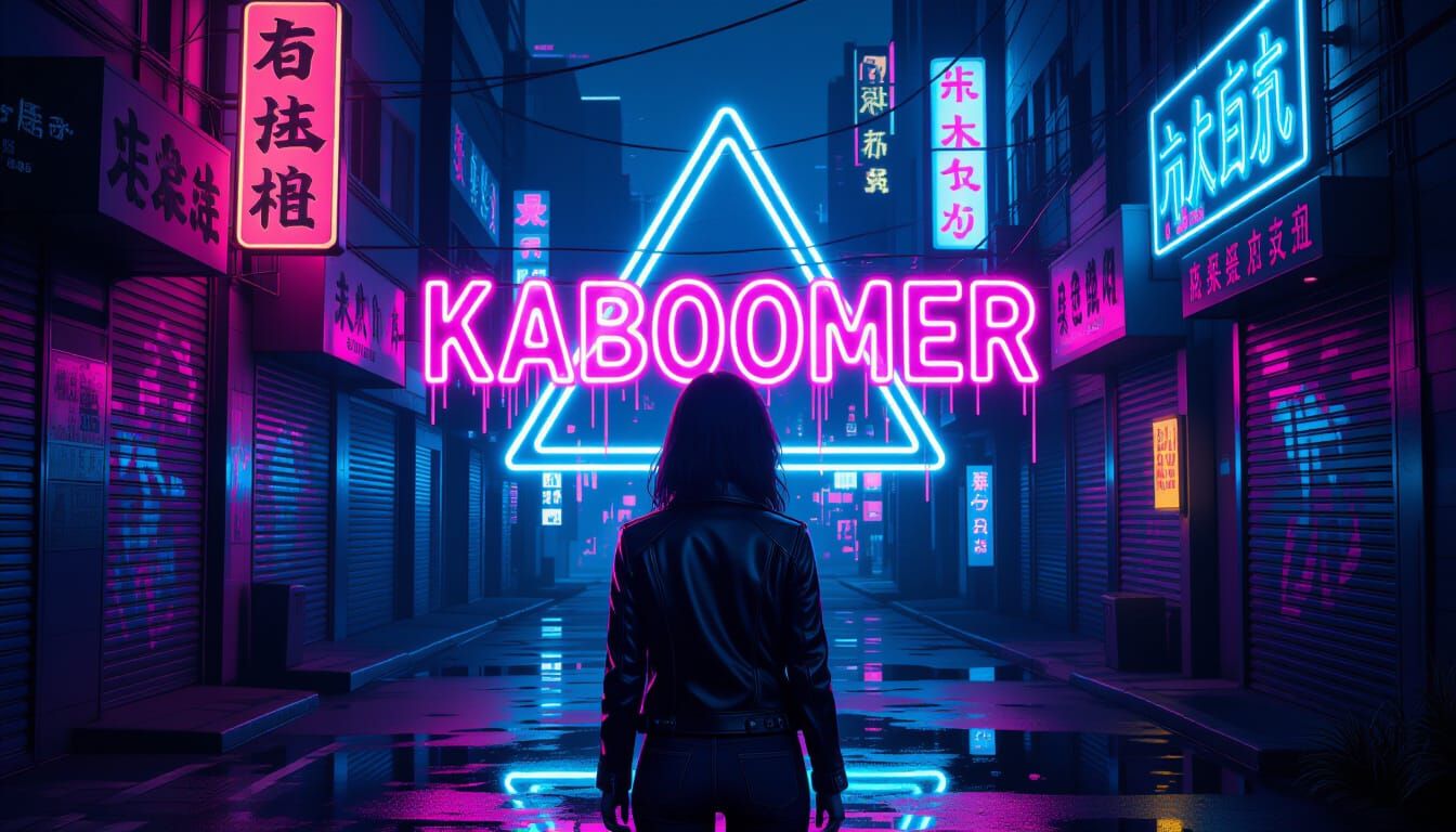 Neon "Kaboomer" in Urban Alleyway, Synthwave Style