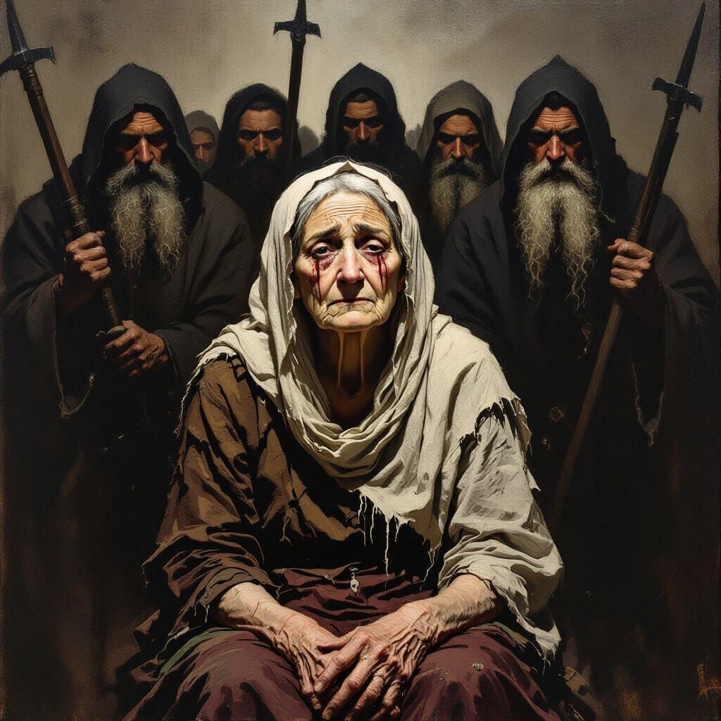 Old Woman's Dignity Amidst Threat: Oil Painting