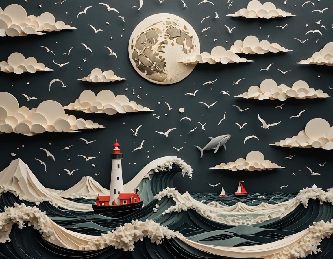 Surreal Lighthouse Amidst Oceanic Waves: Paper-Cut Style