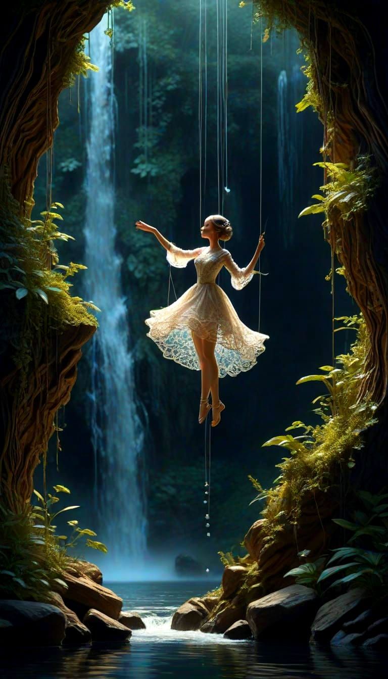 Ethereal Marionette Amidst Moonlit Waterfall Cascade