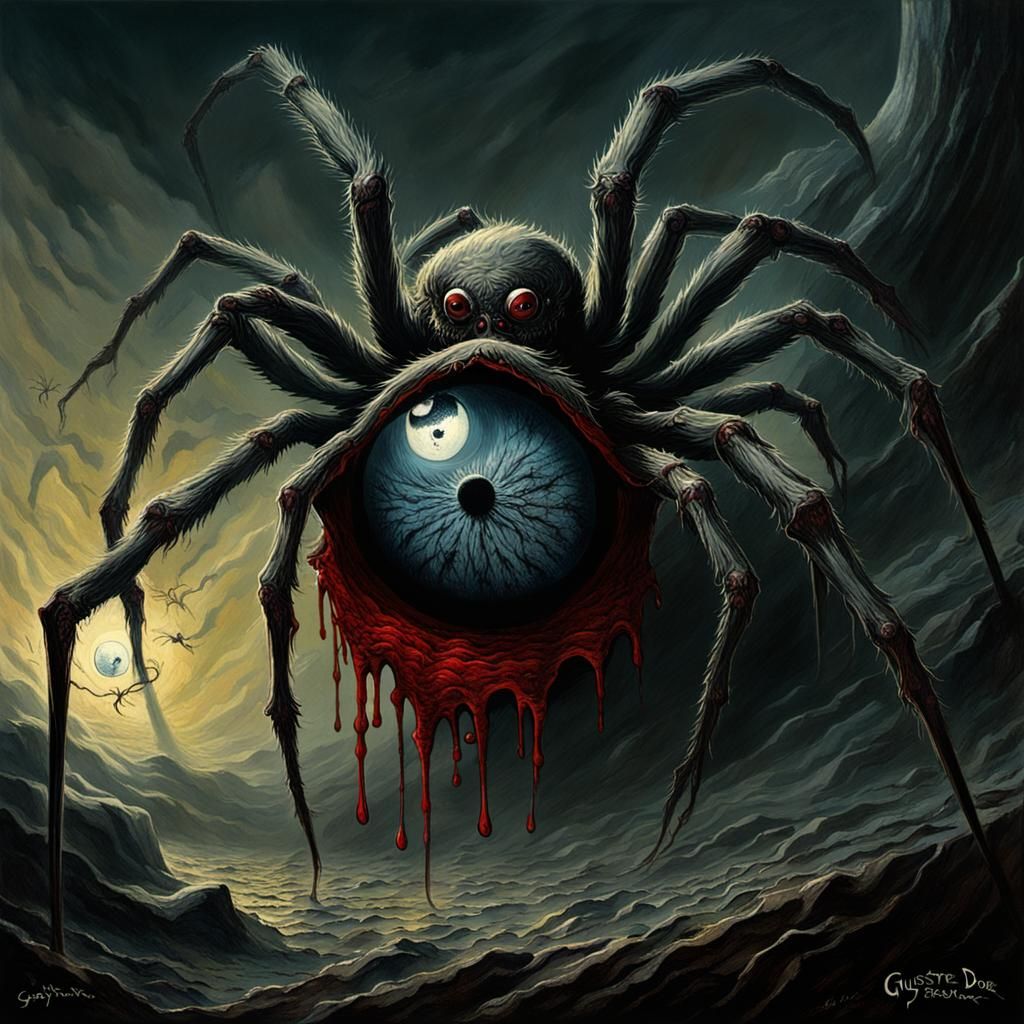 Horror Spider with Bleeding Eyes in Doré Style
