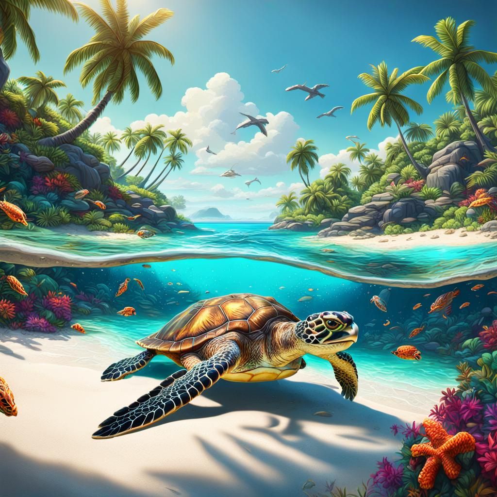 Tropical Island Paradise with Anthropomorphic Turtles