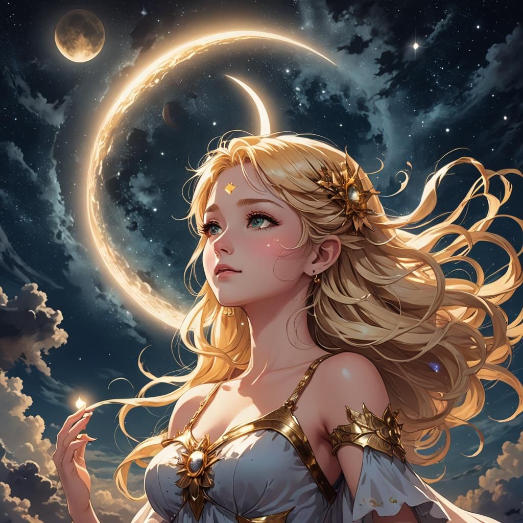 Blonde Fairy in Eclipsed Moonlit Night Sky - Anime Style