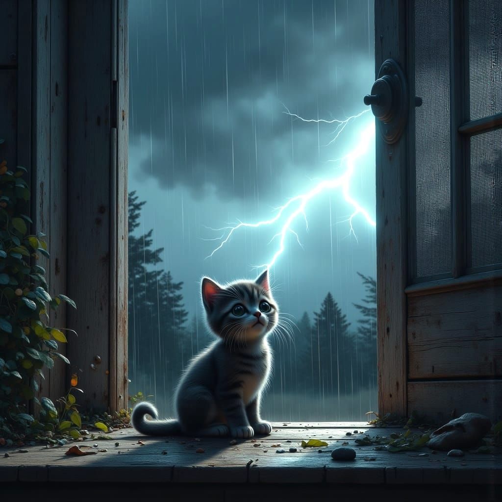 Scared Kitten Listening to Thunderstorm