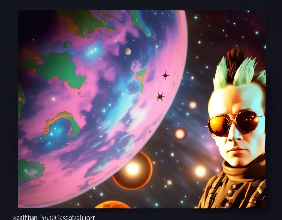 Punk with Double Mohawk in front of Earth-like Planet