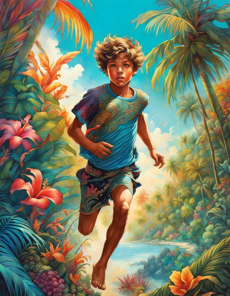 Boy's Joyful Run Through Tropical Oasis