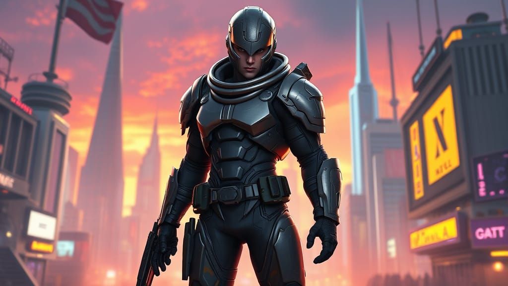 Futuristic Hero in Dystopian Cityscape, 3D Rendered