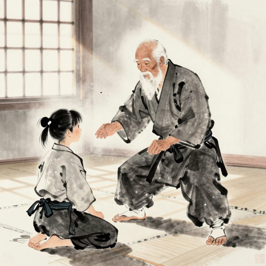 Wise Master Teaches Martial Arts in Serene Dojo