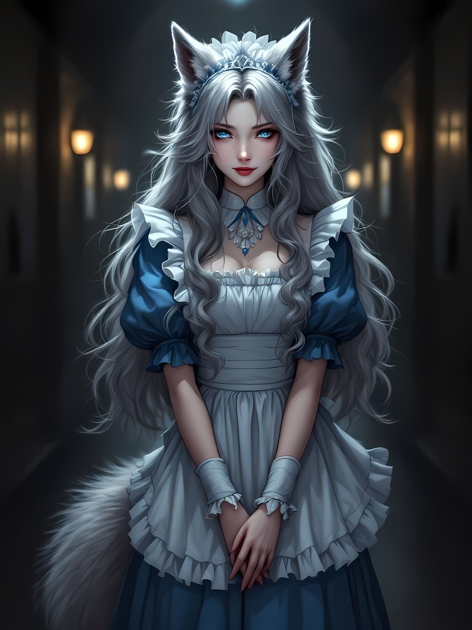 Anime Wolf-Girl Maid in Dimly Lit Hallway