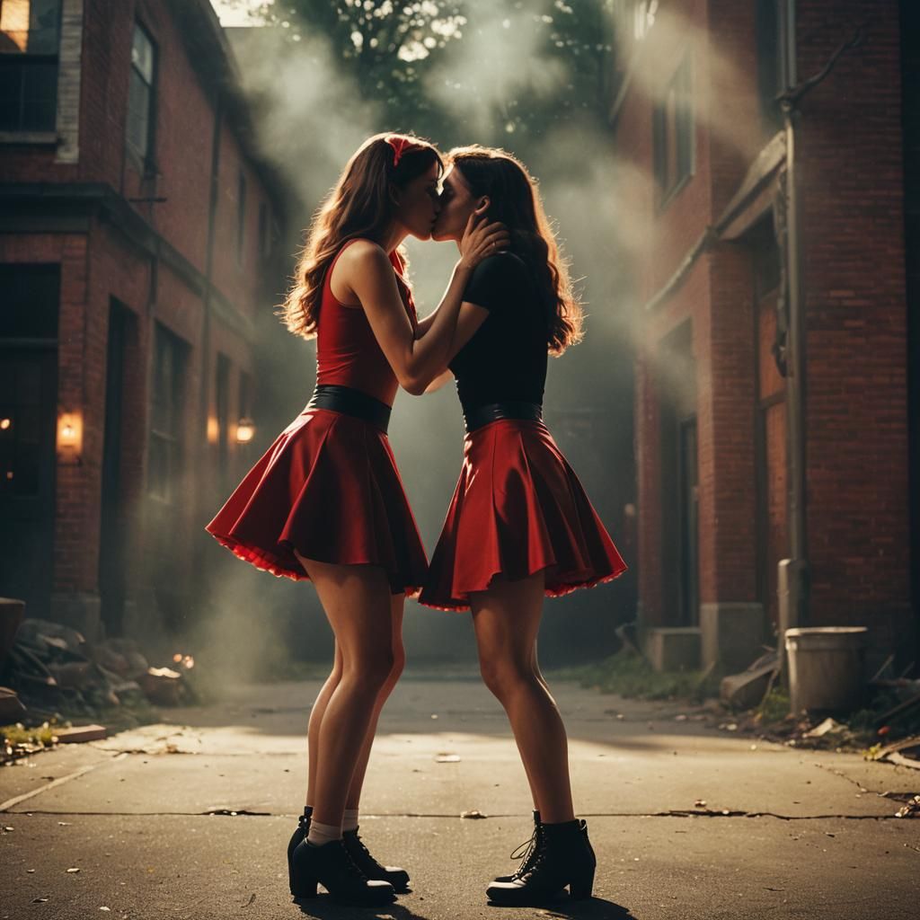 Superhero and Witch Share a Kiss: Cinematic Film Still