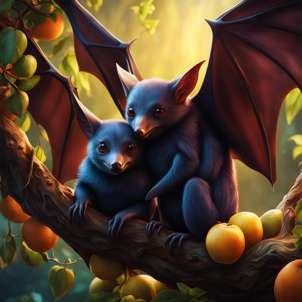 Cute Fruit Bats Cuddling in Detailed Fantasy Art