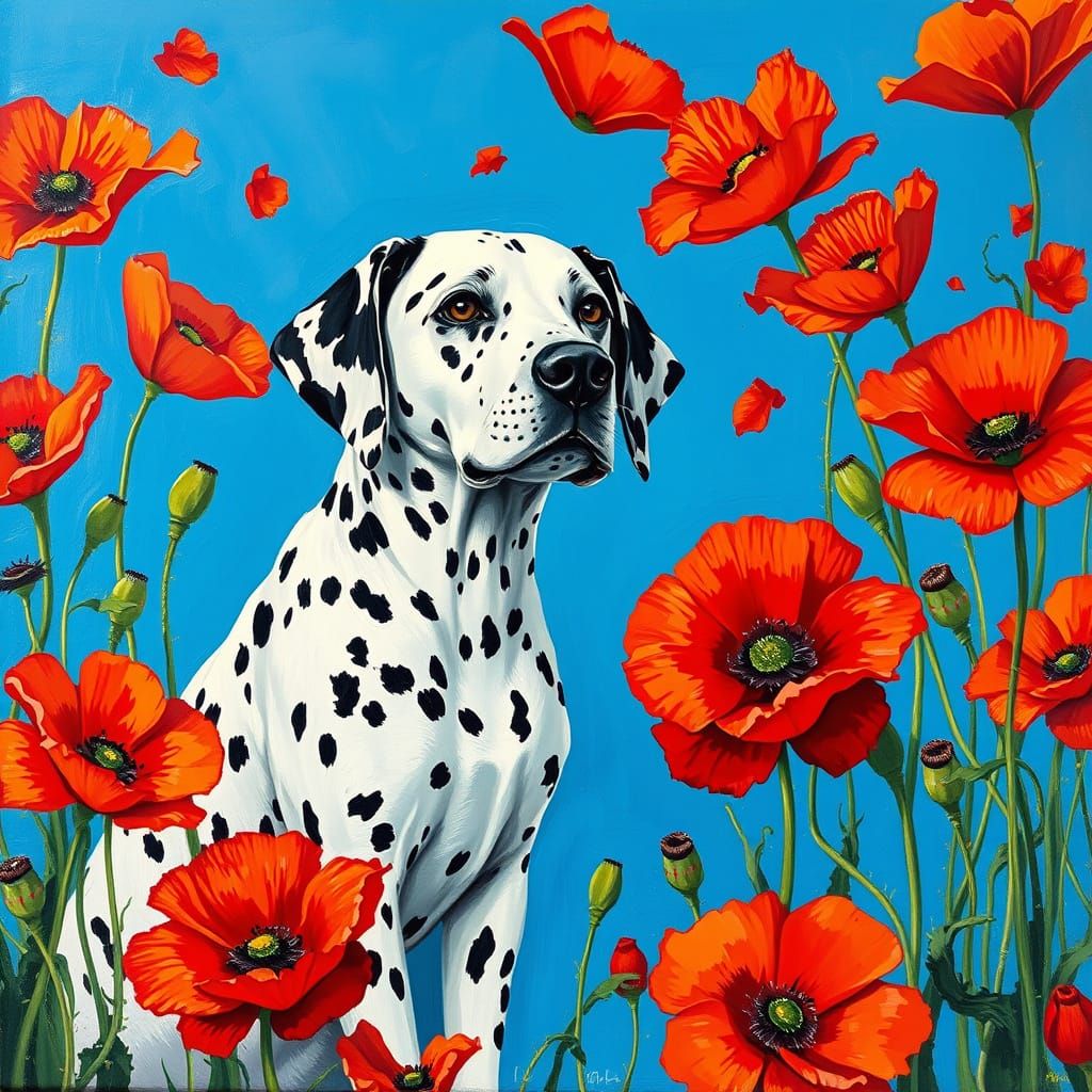 Whimsical Dalmatian Amidst Red Poppies in Vibrant Oil Painti...