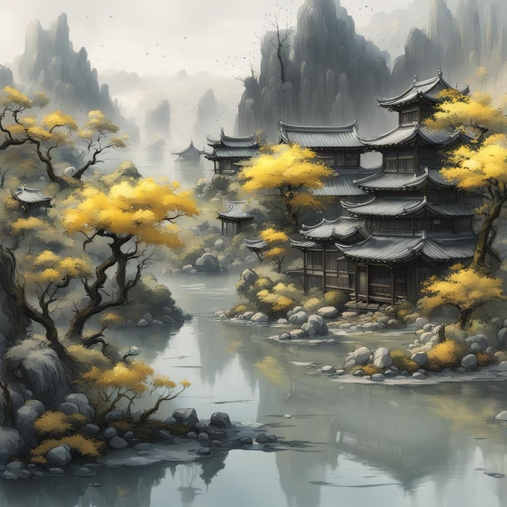 UNTITLED - splatter ink japanese style of a landscape -