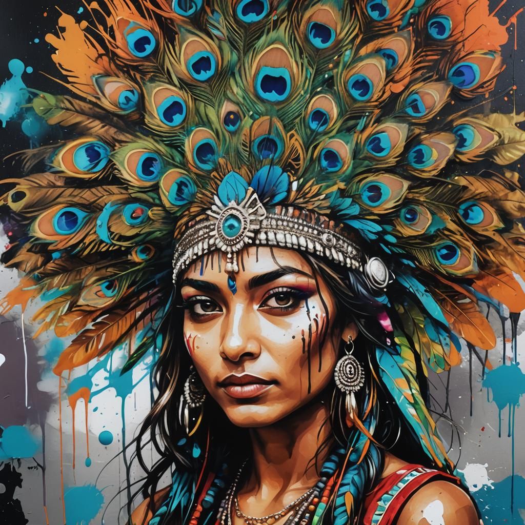 Indian Woman with Peacock Headdress in Graffiti Art