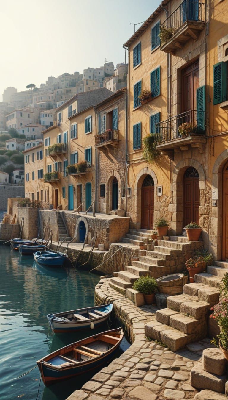 Idyllic Mediterranean Harbor Scene in Warm Oil Painting Styl...