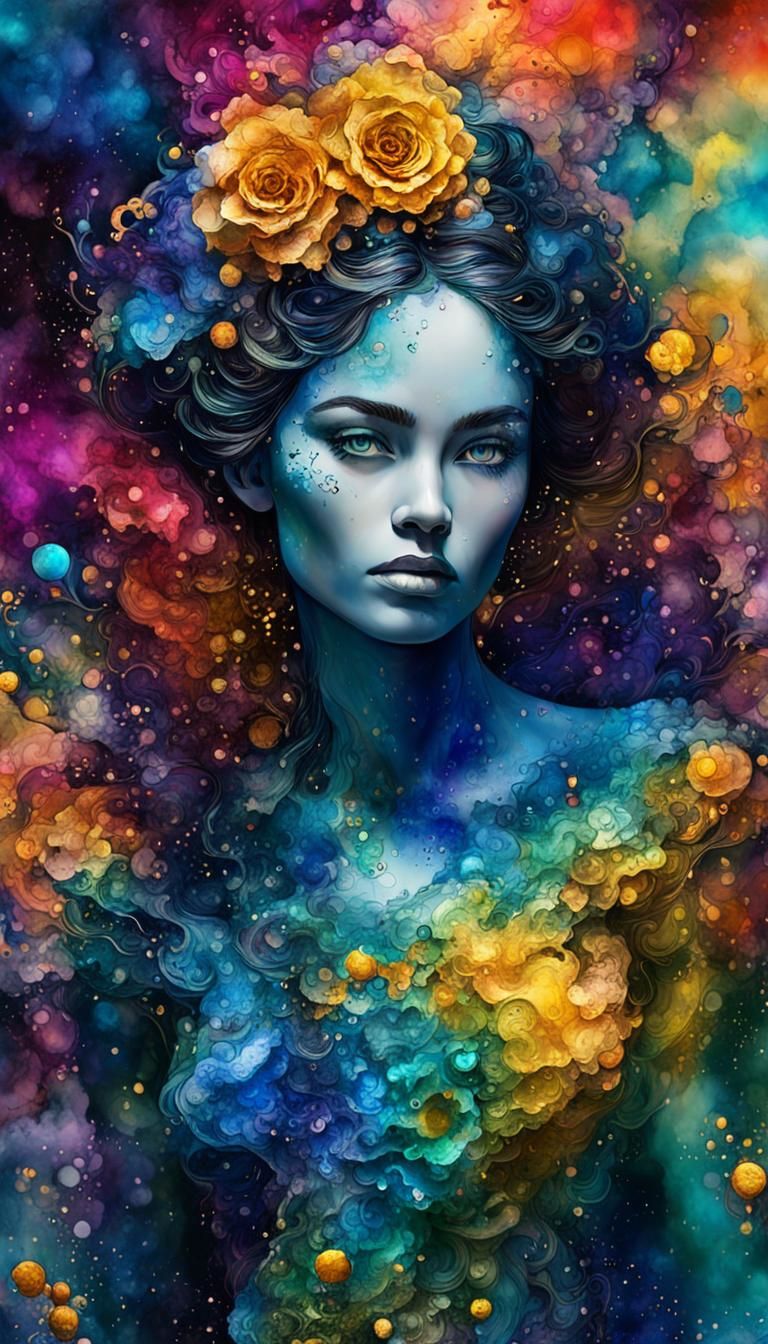 Alcohol Ink Splatter Art, Super Beautiful Woman Realism with Super Detail in 8K, Divine Proportions, Intricate and Cine...