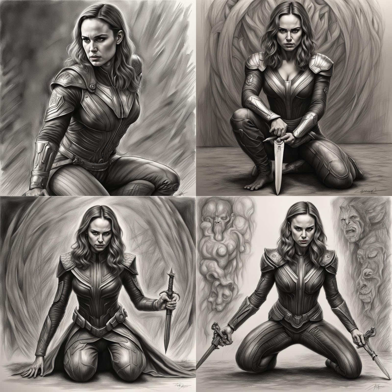 Kneeling Warrior Princess Charcoal Drawing