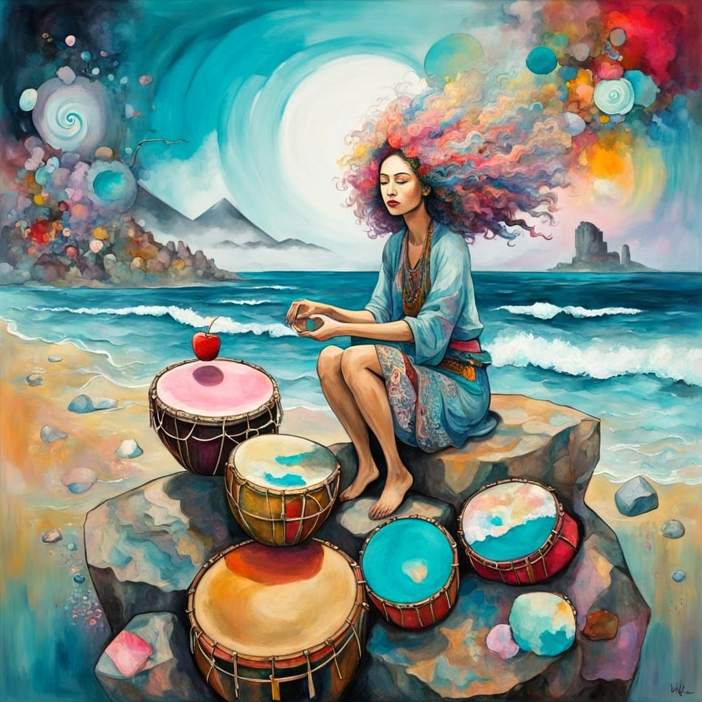 Bohemian Bongo Player in Vibrant Beach Scene