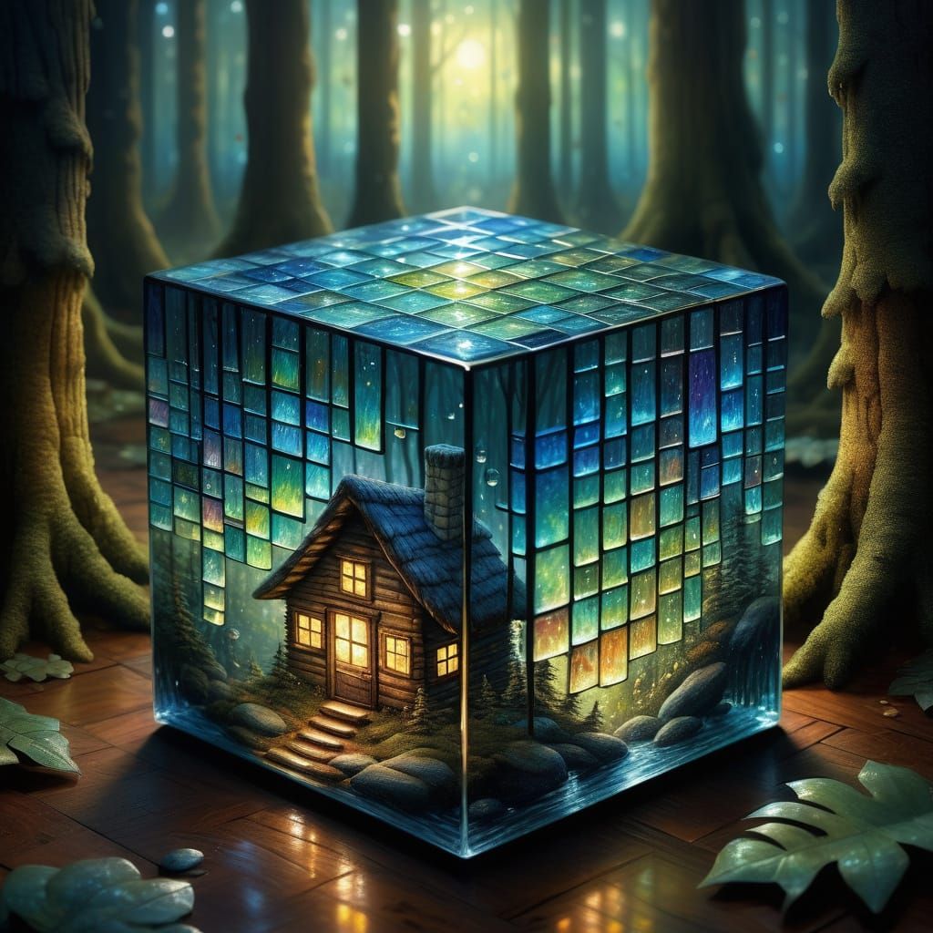 Elegant Iridescent Glass Cube Painting of Fantasy Cabin in F...