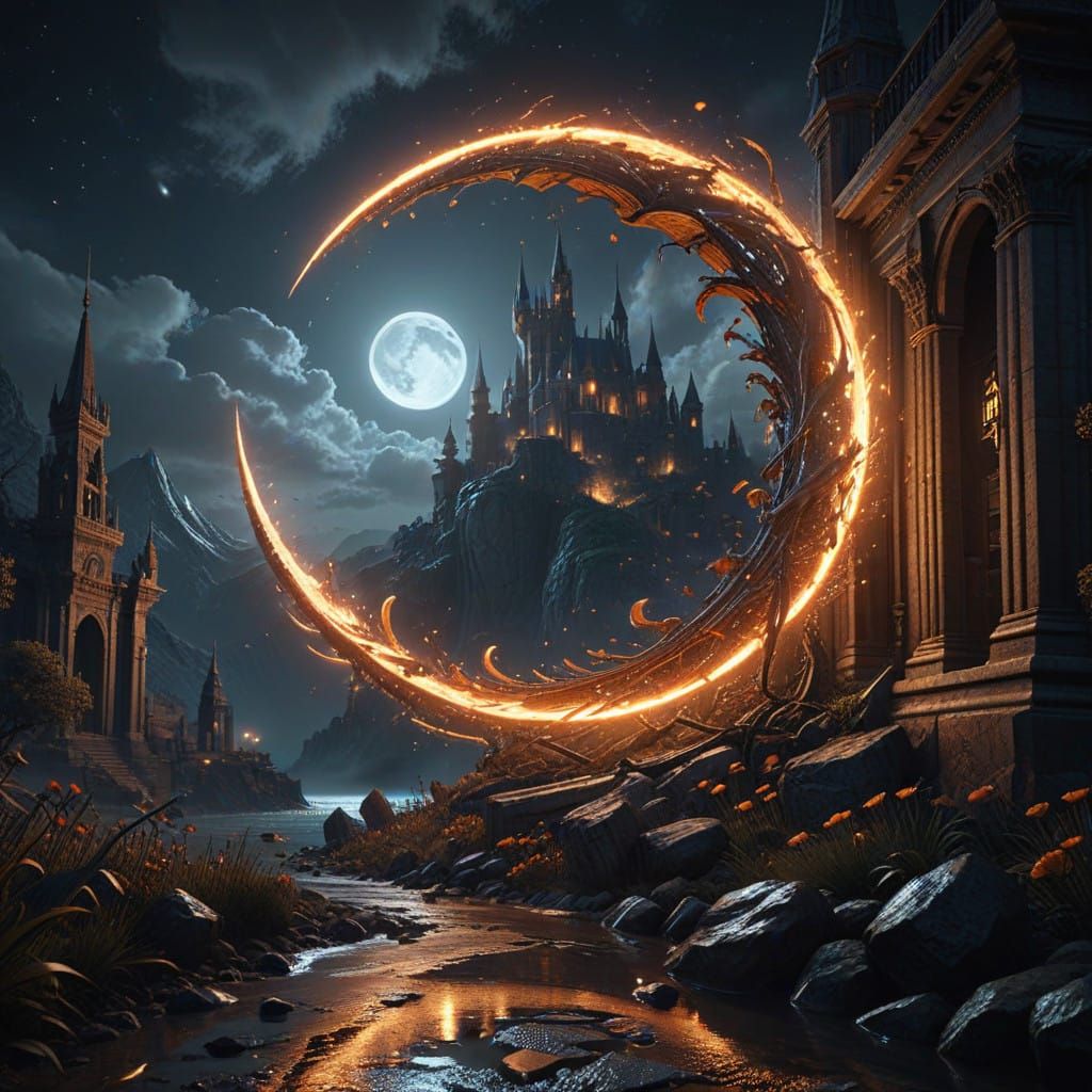 Luminous Crescent Moon Scene in Symbolist Style