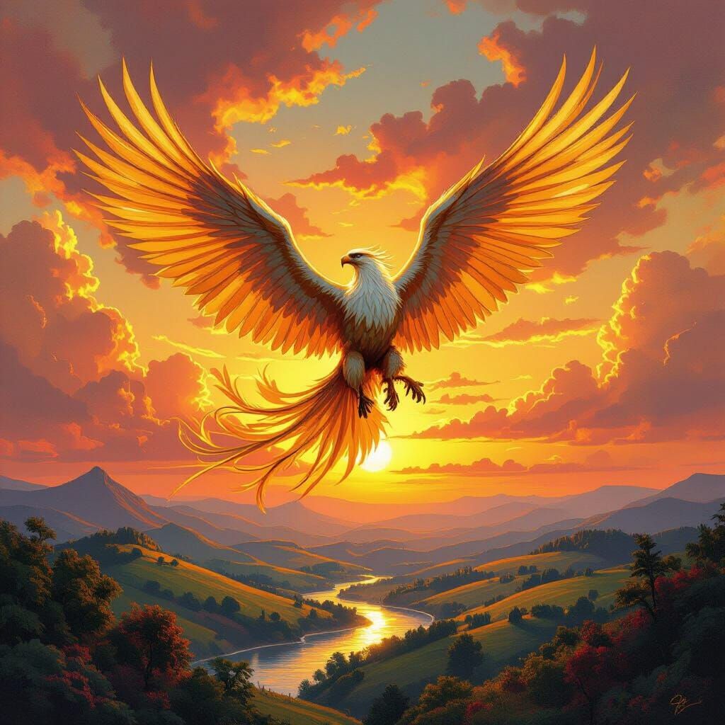 Griffin Soaring Through Sunset Sky, Fantasy Art