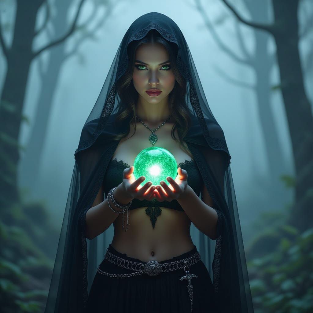 Mystical Woman in Foggy Forest with Glowing Orb