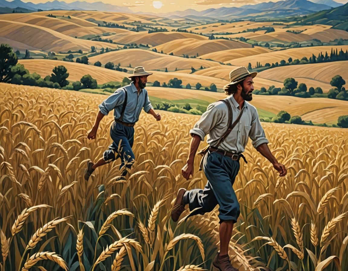 Peasant Running Through Wheat Field at Sunset