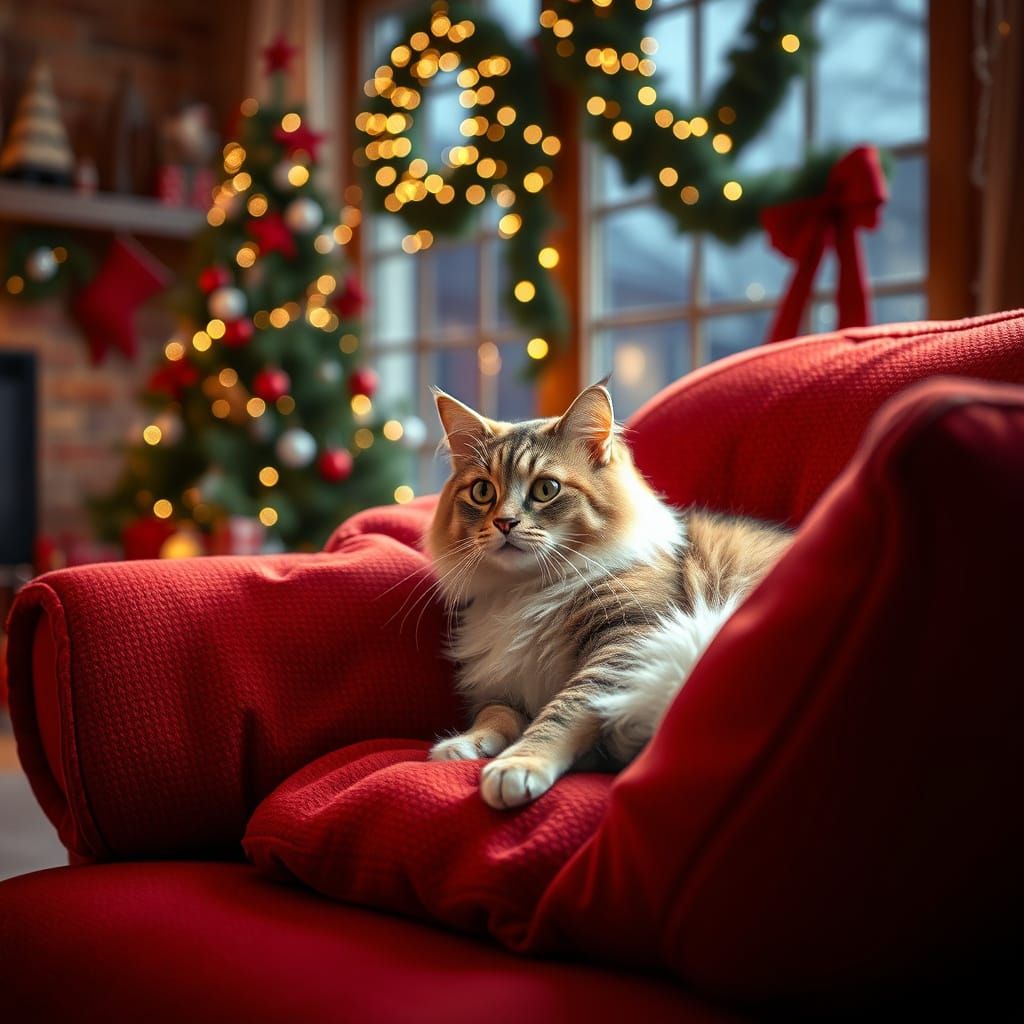 Cozy Christmas Cat on Sofa
