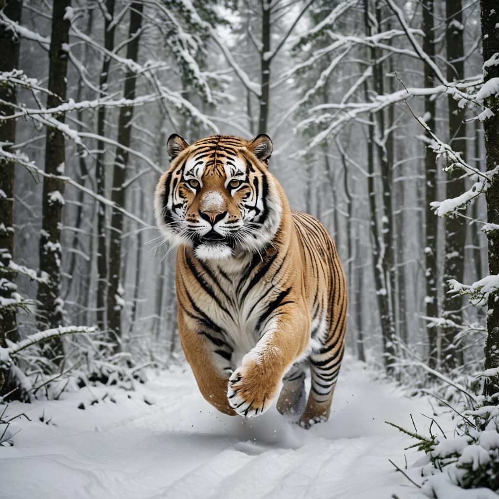 Snow Tiger Running Through Snowy Forest