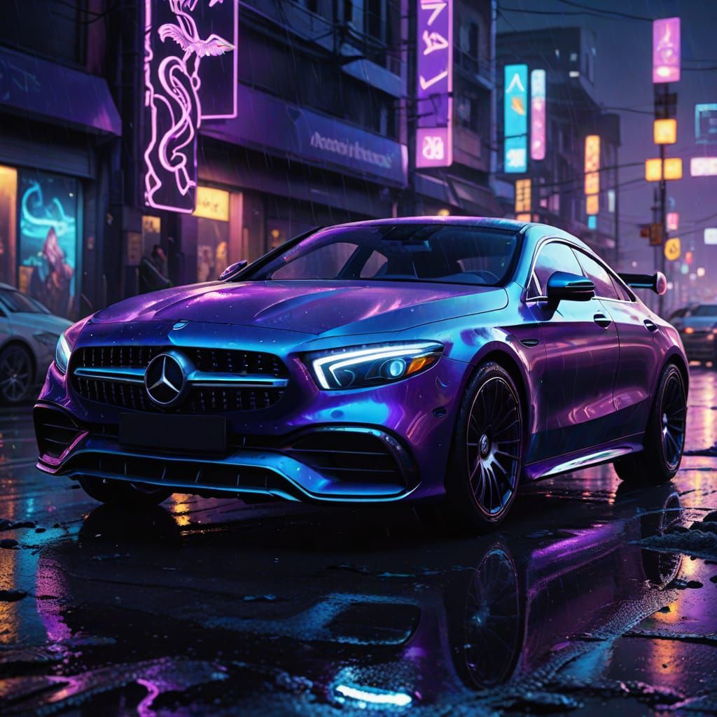 Surreal Mercedes Benz Illuminated by Glowing Runes on a Dark...