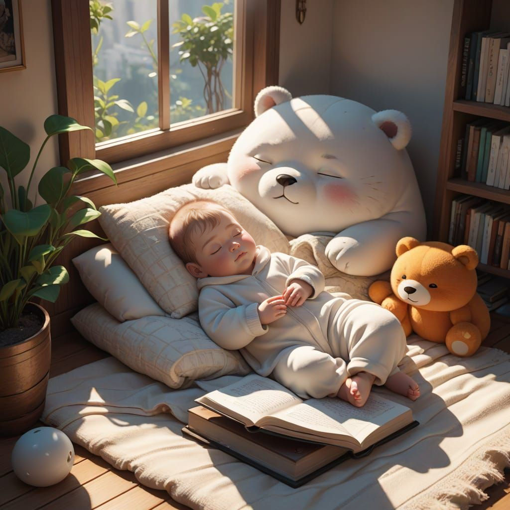 Snoozing Chubby Baby in Cozy Book Nook, Anime Style