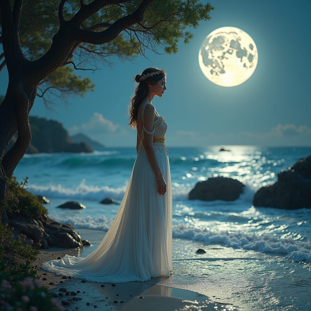 Moonlit Woman on Shoreline in Dreamlike Realism