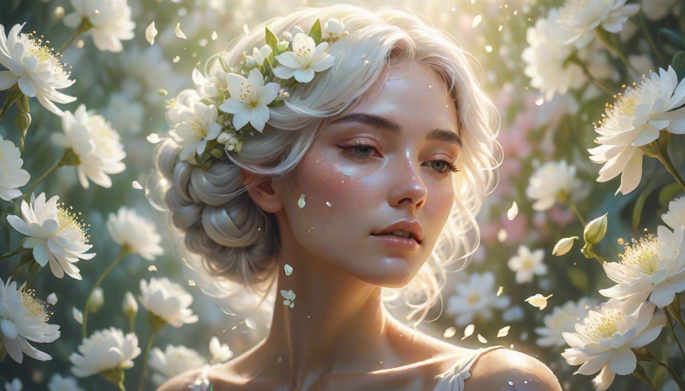 Ethereal Woman Covered in Delicate White Flowers