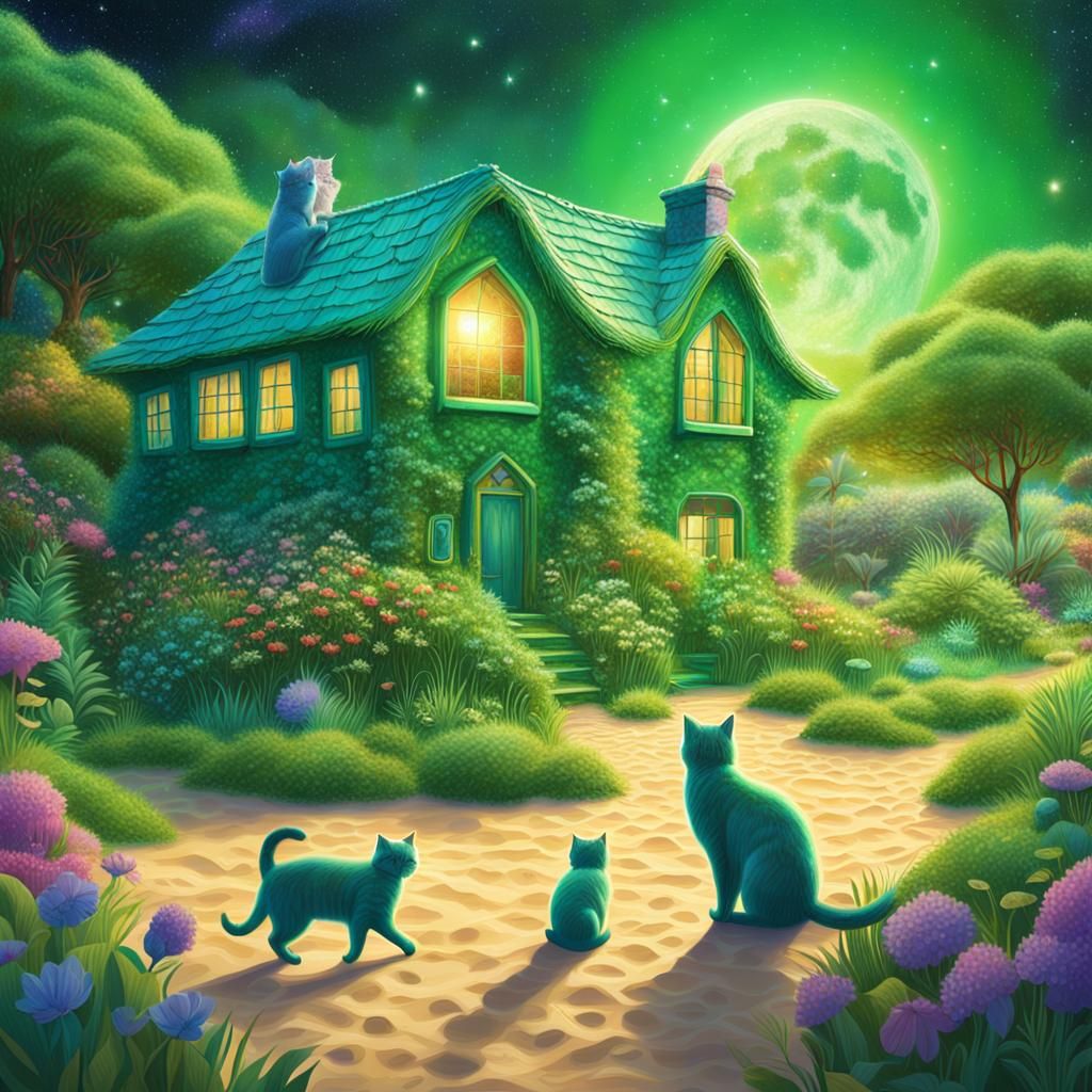 Green Cottage on Beach with Cats: Cosmic Illustration